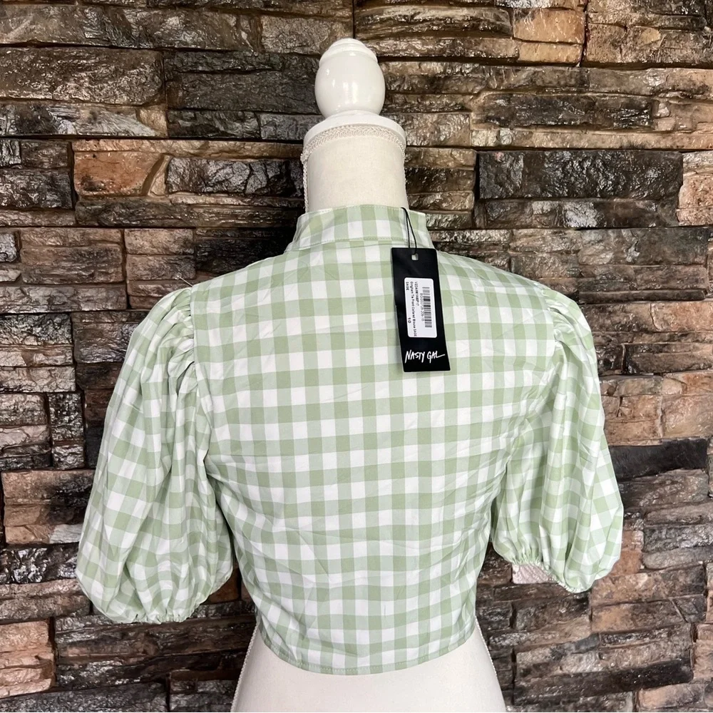 Nasty Gal Light Green Checkered Blouse - Picture 3 of 8